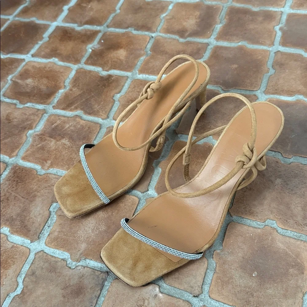 STAUD Tan Suede Strappy Heeled Sandals Rhinestone laurel Crystal heel size 38.5 - Picture 10 of 16